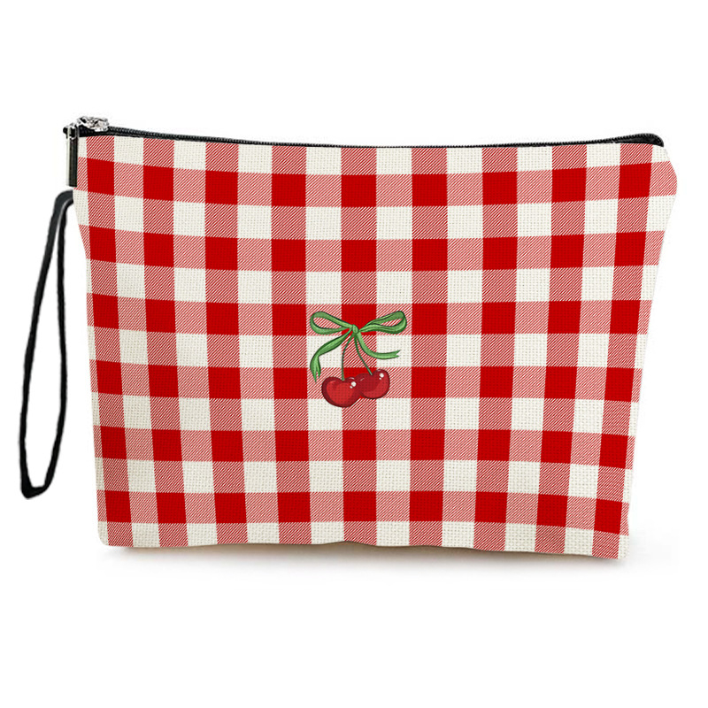 Cherry mintás kockás kozmetikai táska, hordozható kültéri tároló táska, iskolai tolltartó, otthoni cipzáros neszesszer