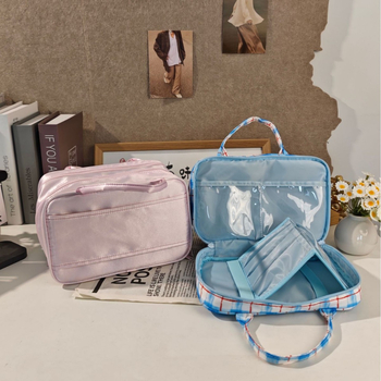 Női kozmetikai táska, nagy kapacitású, kettős cipzár, kétszintes rendező, selyem