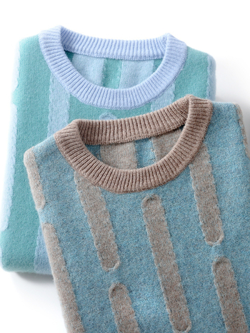 Pulover bărbătesc din lână, cu model jacquard vertical, guler rotund, mâneci lungi