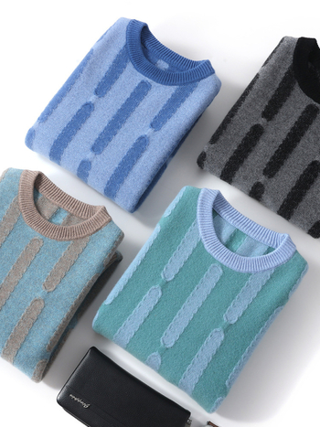 Pulover bărbătesc din lână, cu model jacquard vertical, guler rotund, mâneci lungi