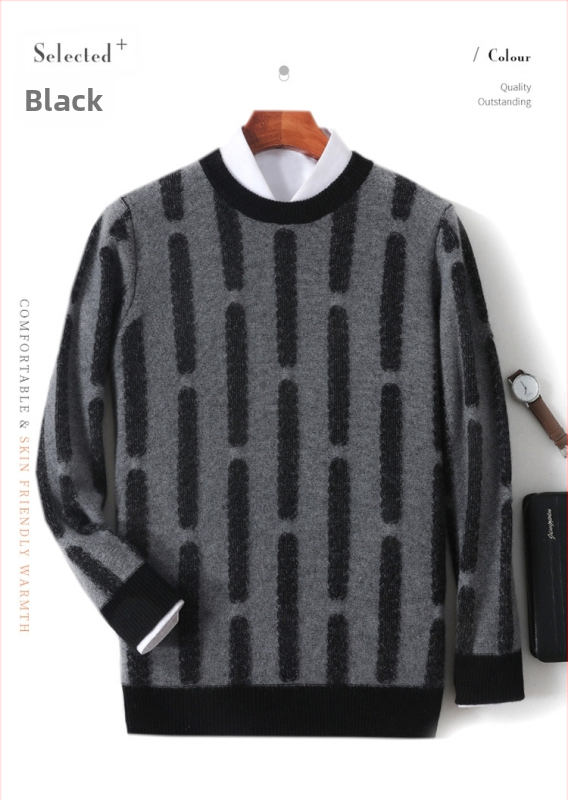 Pulover bărbătesc din lână, cu model jacquard vertical, guler rotund, mâneci lungi