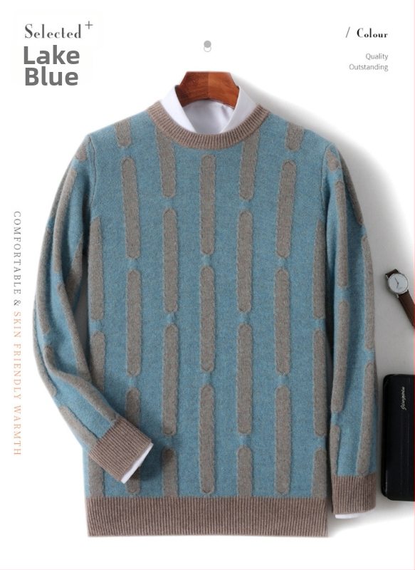 Pulover bărbătesc din lână, cu model jacquard vertical, guler rotund, mâneci lungi