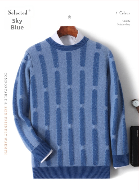 Pulover bărbătesc din lână, cu model jacquard vertical, guler rotund, mâneci lungi