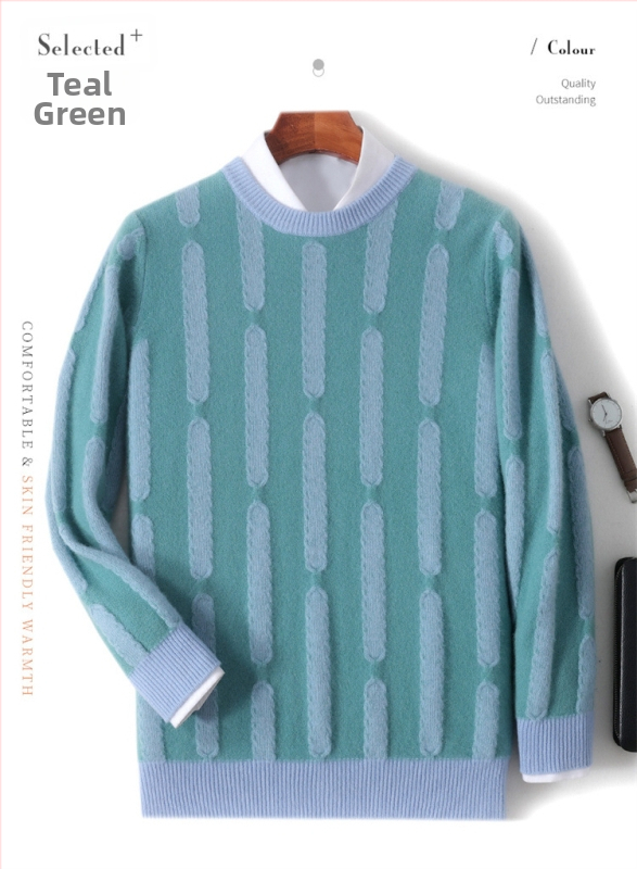 Pulover bărbătesc din lână, cu model jacquard vertical, guler rotund, mâneci lungi