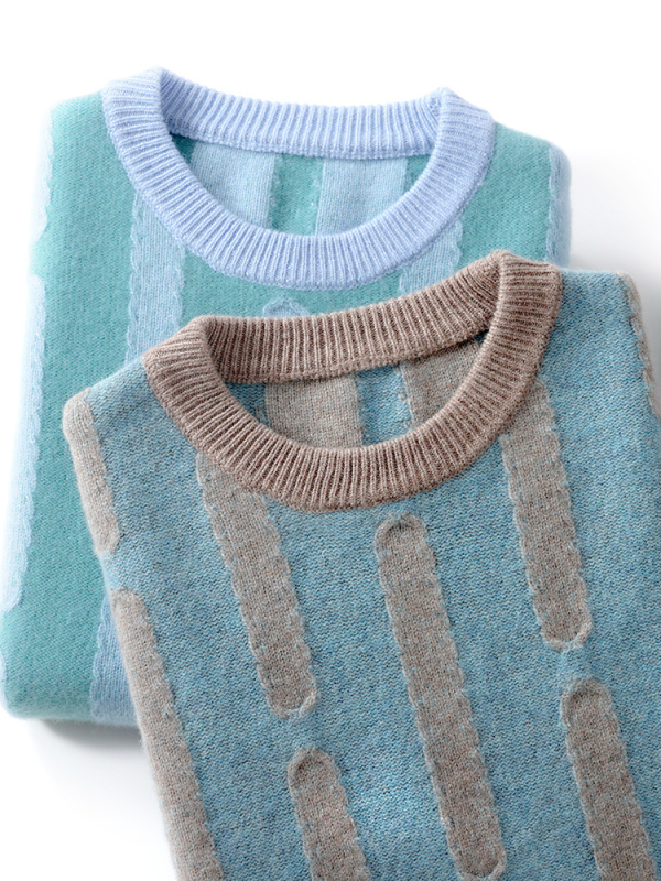 Pulover bărbătesc din lână, cu model jacquard vertical, guler rotund, mâneci lungi