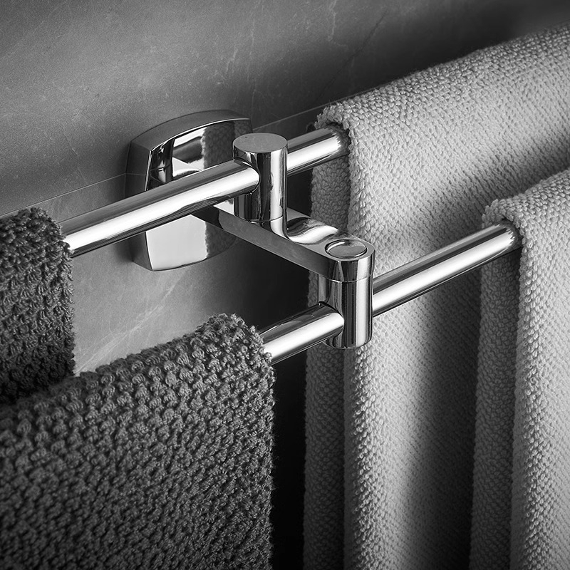 Rozsdamentes acél törölközőtartó tükrös felülettel, egyrétegű kivitel, teherbírás 1–3 kg, világos luxus stílus.