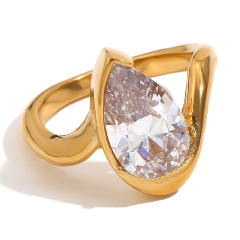 MengJIA Rozsdamentes acélból készült gyűrű 18K aranyozott bevonattal, geometriai vízcsepp forma, gyémánt, nőknek