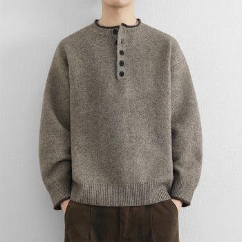 Férfi Henley galléros kötött pulóver – hosszú ujjú, vast kötött anyag, polieszter keverék, koreai stílusú lazább szabás