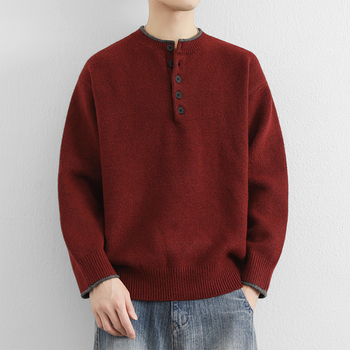 Férfi Henley galléros kötött pulóver – hosszú ujjú, vast kötött anyag, polieszter keverék, koreai stílusú lazább szabás