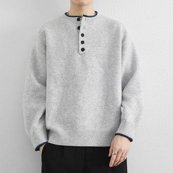 Férfi Henley galléros kötött pulóver – hosszú ujjú, vast kötött anyag, polieszter keverék, koreai stílusú lazább szabás