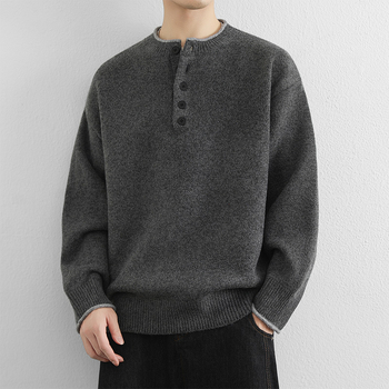 Férfi Henley galléros kötött pulóver – hosszú ujjú, vast kötött anyag, polieszter keverék, koreai stílusú lazább szabás