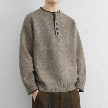 Férfi Henley galléros kötött pulóver – hosszú ujjú, vast kötött anyag, polieszter keverék, koreai stílusú lazább szabás