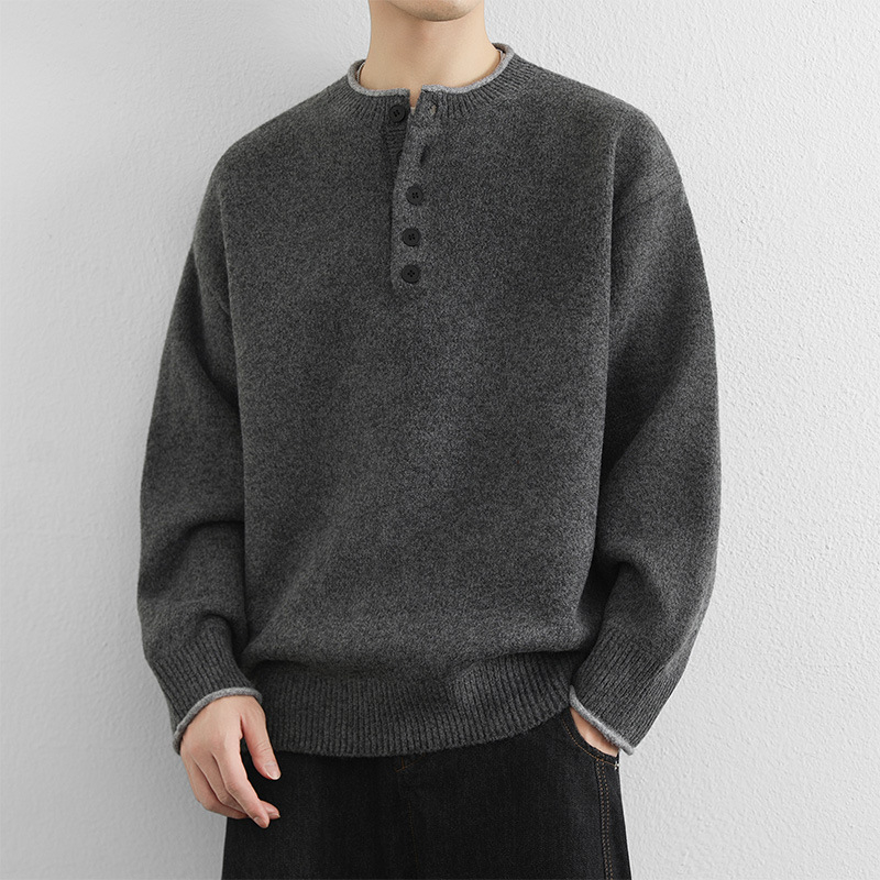 Férfi Henley galléros kötött pulóver – hosszú ujjú, vast kötött anyag, polieszter keverék, koreai stílusú lazább szabás