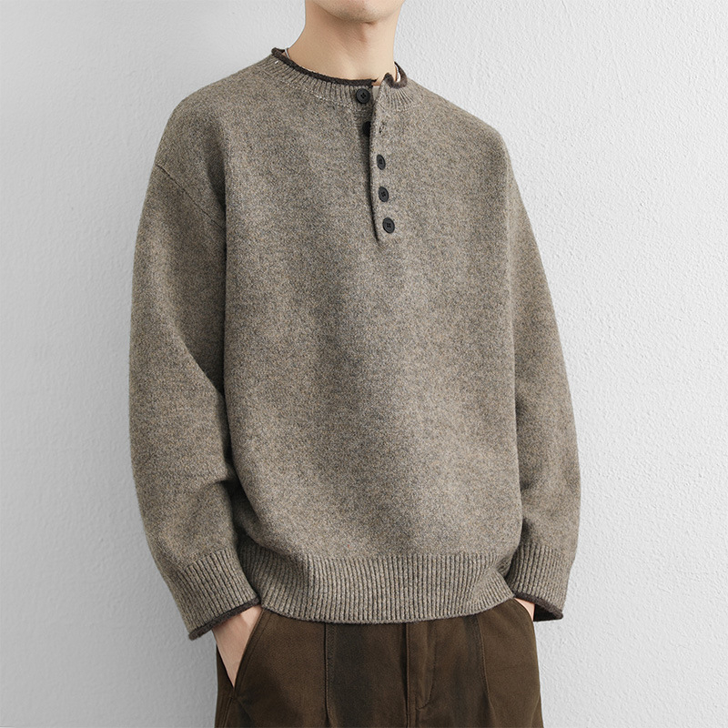 Férfi Henley galléros kötött pulóver – hosszú ujjú, vast kötött anyag, polieszter keverék, koreai stílusú lazább szabás