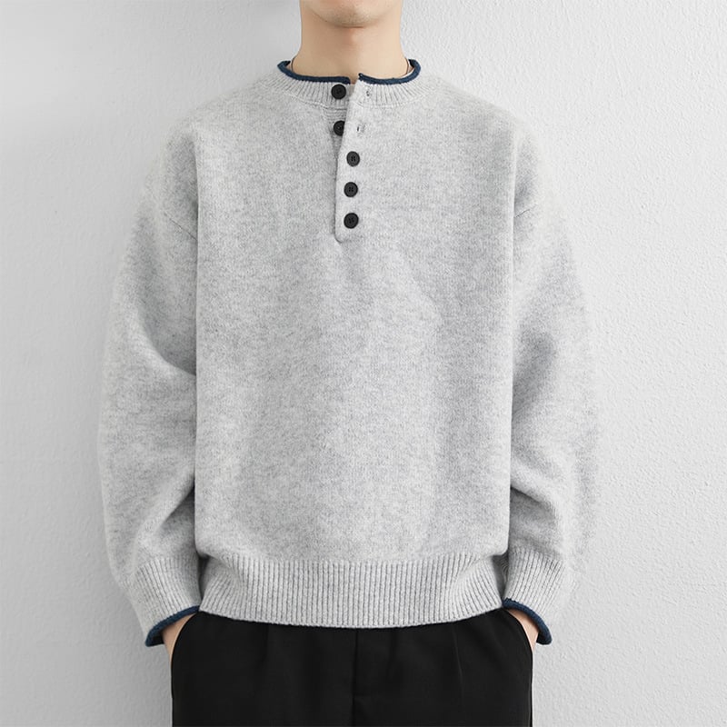 Férfi Henley galléros kötött pulóver – hosszú ujjú, vast kötött anyag, polieszter keverék, koreai stílusú lazább szabás