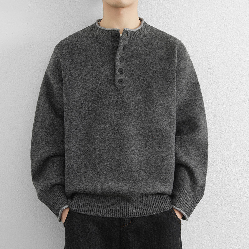 Férfi Henley galléros kötött pulóver – hosszú ujjú, vast kötött anyag, polieszter keverék, koreai stílusú lazább szabás