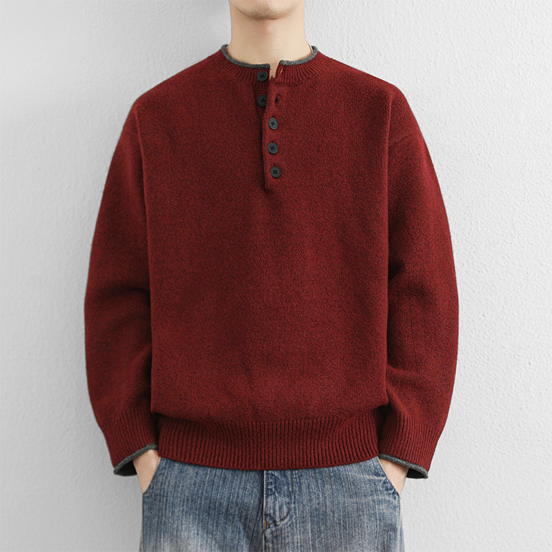 Férfi Henley galléros kötött pulóver – hosszú ujjú, vast kötött anyag, polieszter keverék, koreai stílusú lazább szabás
