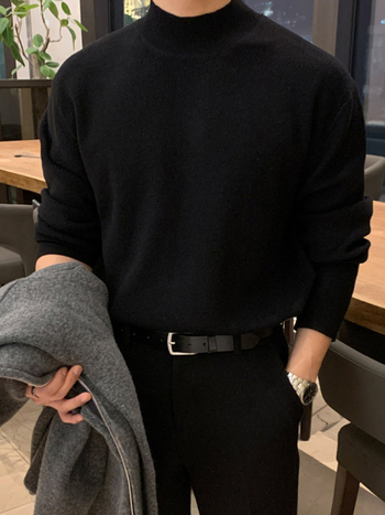 Pulover tricotat pentru bărbați, croi lejer, guler semi-turtleneck, stil coreean, viscoză, primăvara 2025