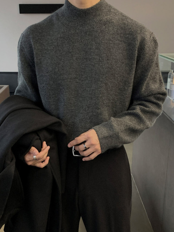 Pulover tricotat pentru bărbați, croi lejer, guler semi-turtleneck, stil coreean, viscoză, primăvara 2025