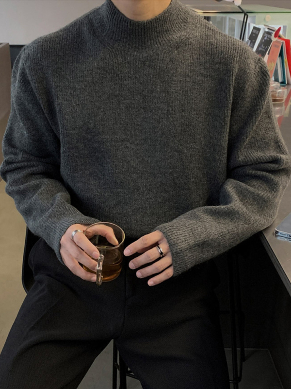 Pulover tricotat pentru bărbați, croi lejer, guler semi-turtleneck, stil coreean, viscoză, primăvara 2025