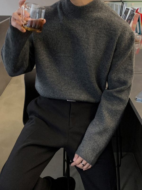 Pulover tricotat pentru bărbați, croi lejer, guler semi-turtleneck, stil coreean, viscoză, primăvara 2025