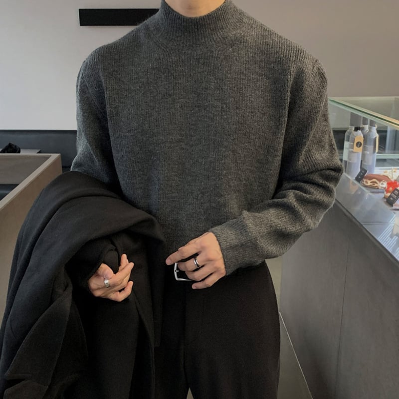 Pulover tricotat pentru bărbați, croi lejer, guler semi-turtleneck, stil coreean, viscoză, primăvara 2025