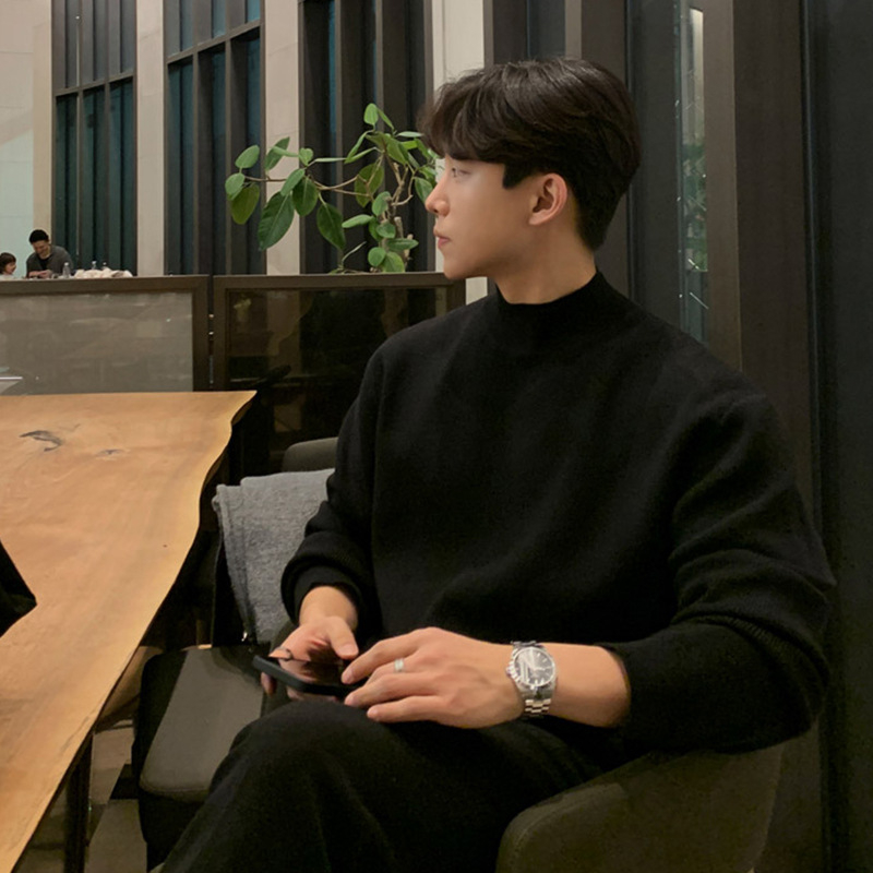 Pulover tricotat pentru bărbați, croi lejer, guler semi-turtleneck, stil coreean, viscoză, primăvara 2025