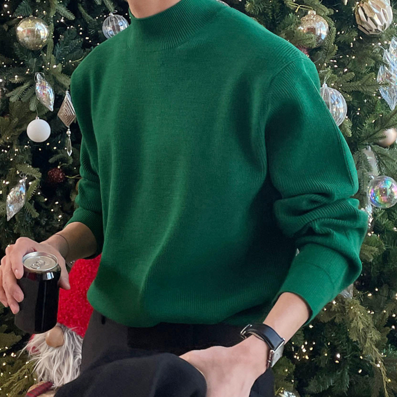 Pulover tricotat pentru bărbați, croi lejer, guler semi-turtleneck, stil coreean, viscoză, primăvara 2025