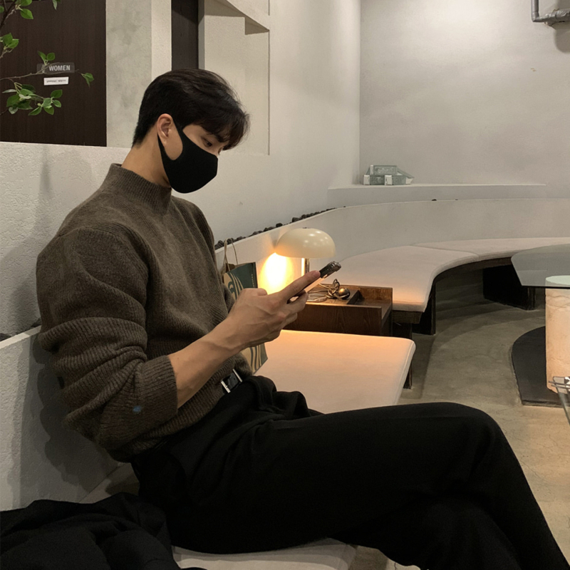 Pulover tricotat pentru bărbați, croi lejer, guler semi-turtleneck, stil coreean, viscoză, primăvara 2025