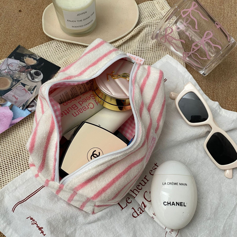 Geantă cosmetică din material de prosop, cu dungi, căptușită cu nylon, ultra-ușoară