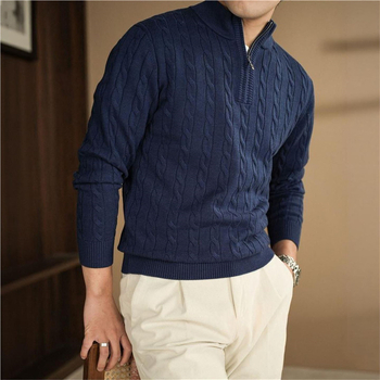 Pulover masculin tricotat greu cu model cablu, fermoar parțial până la guler, jacquard gros, stil britanic clasic de afaceri