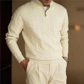 Pulover masculin tricotat greu cu model cablu, fermoar parțial până la guler, jacquard gros, stil britanic clasic de afaceri