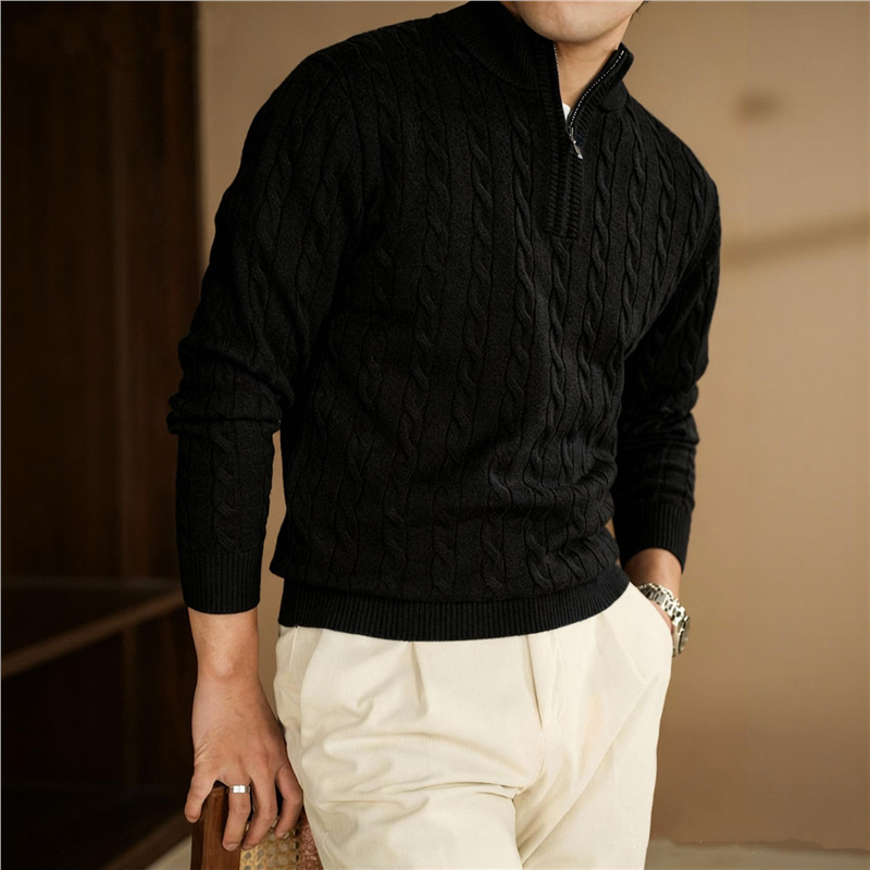 Pulover masculin tricotat greu cu model cablu, fermoar parțial până la guler, jacquard gros, stil britanic clasic de afaceri