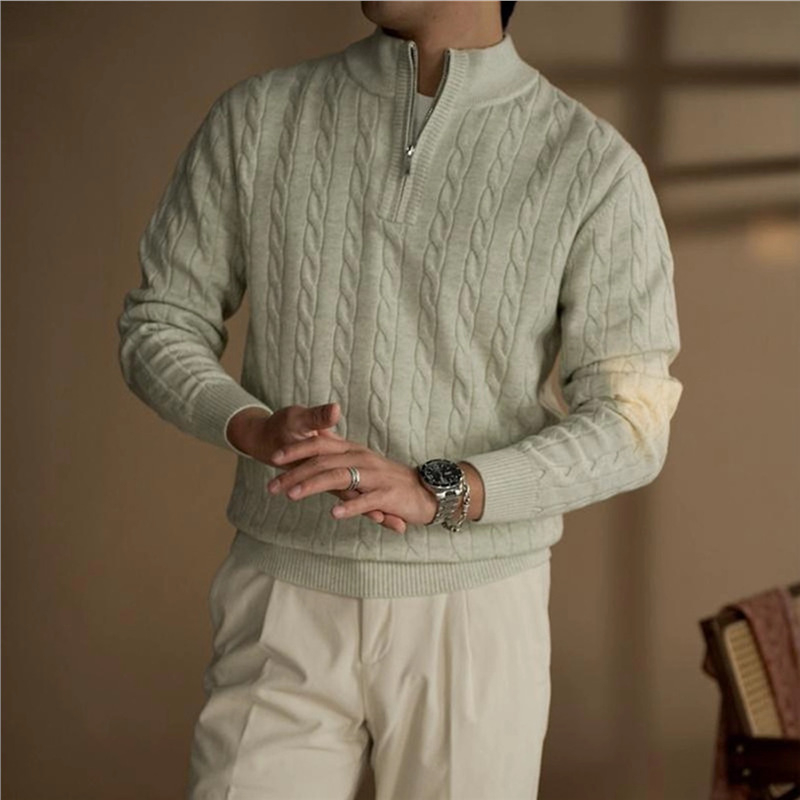 Pulover masculin tricotat greu cu model cablu, fermoar parțial până la guler, jacquard gros, stil britanic clasic de afaceri