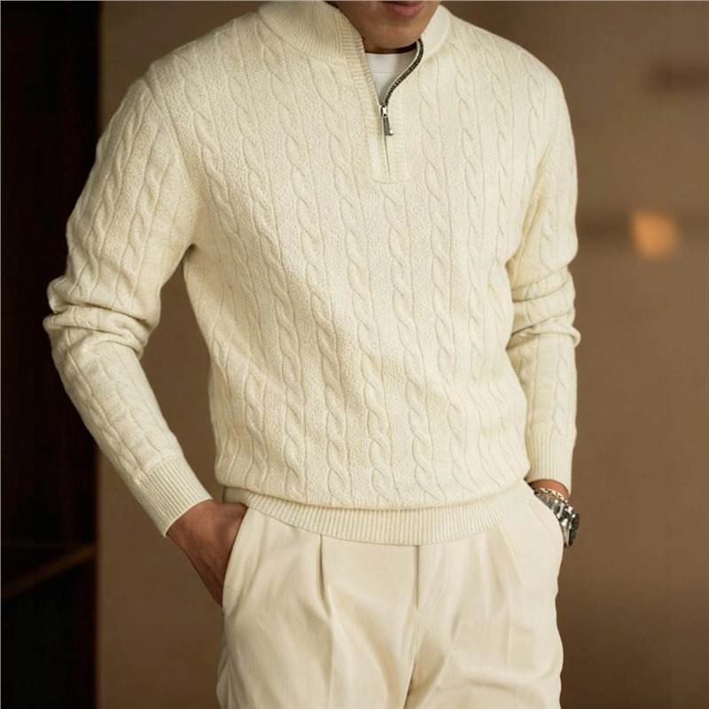 Pulover masculin tricotat greu cu model cablu, fermoar parțial până la guler, jacquard gros, stil britanic clasic de afaceri