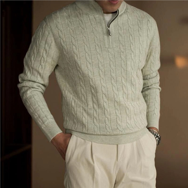 Pulover masculin tricotat greu cu model cablu, fermoar parțial până la guler, jacquard gros, stil britanic clasic de afaceri