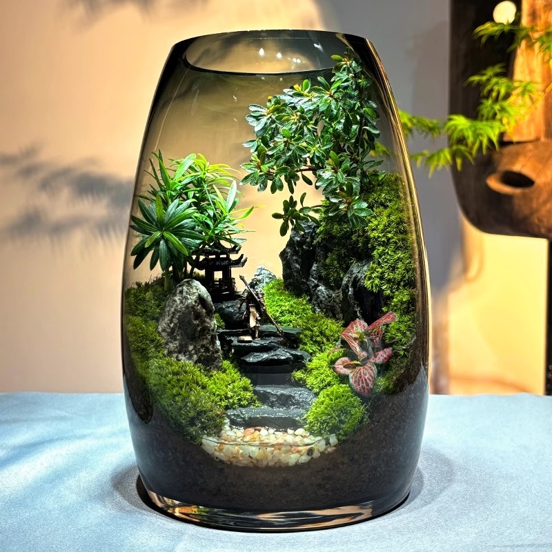 Стъклена бутилка с мъх и микроландшафт за офис, DIY настолен декор — картонена опаковка; не е внос; не е подарък; без IP разрешение