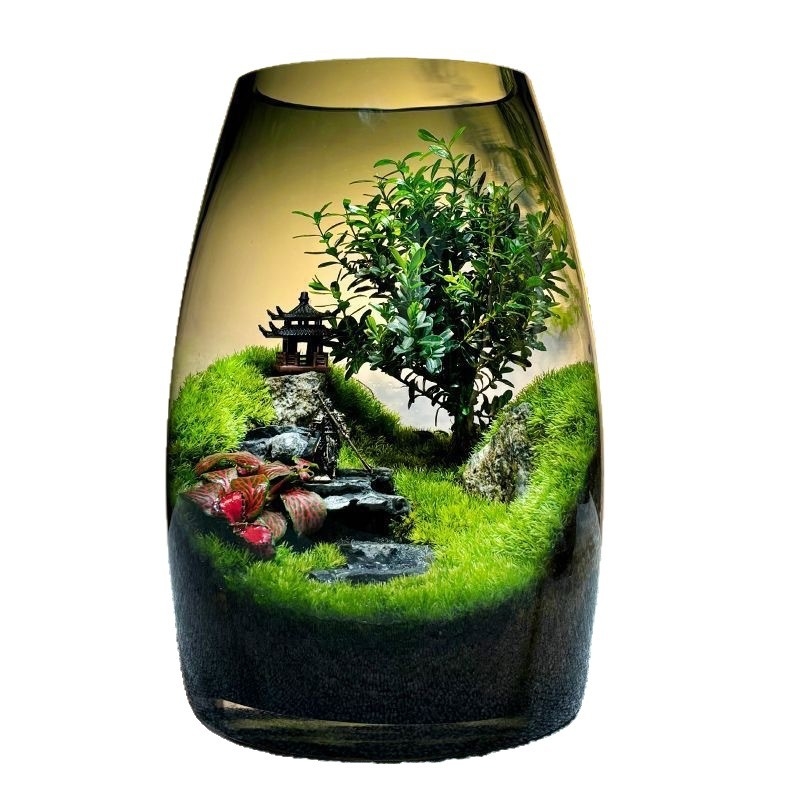 Стъклена бутилка с мъх и микроландшафт за офис, DIY настолен декор — картонена опаковка; не е внос; не е подарък; без IP разрешение