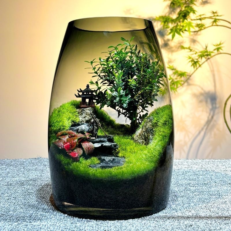 Стъклена бутилка с мъх и микроландшафт за офис, DIY настолен декор — картонена опаковка; не е внос; не е подарък; без IP разрешение