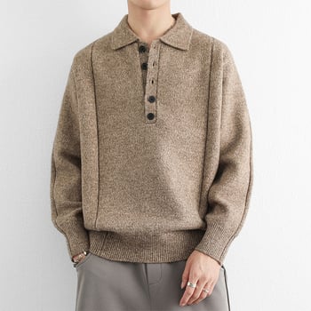 Pulover polo tricotat pentru bărbați, cu nasturi în linie de cinci, guler polo, croială lejeră, acrilic tricot