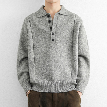 Pulover polo tricotat pentru bărbați, cu nasturi în linie de cinci, guler polo, croială lejeră, acrilic tricot