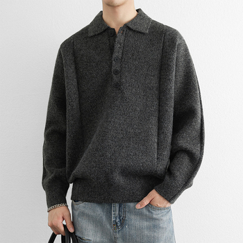 Pulover polo tricotat pentru bărbați, cu nasturi în linie de cinci, guler polo, croială lejeră, acrilic tricot
