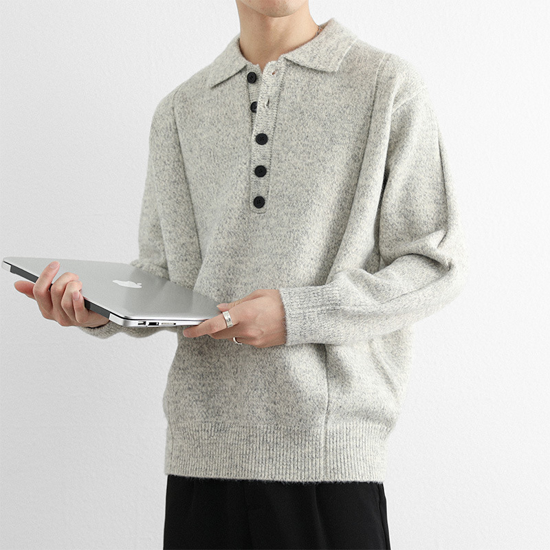 Pulover polo tricotat pentru bărbați, cu nasturi în linie de cinci, guler polo, croială lejeră, acrilic tricot