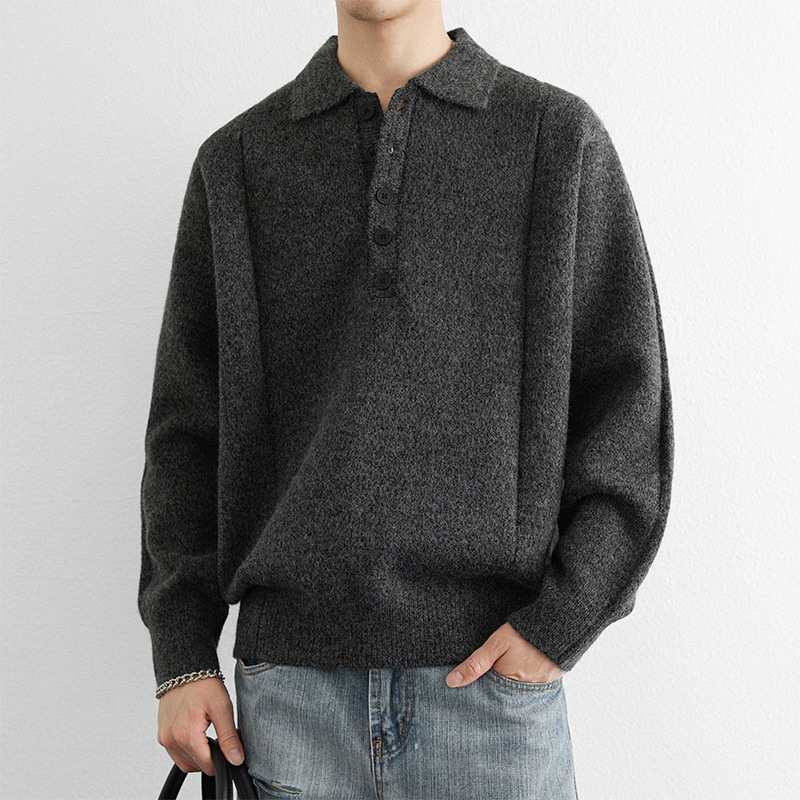 Pulover polo tricotat pentru bărbați, cu nasturi în linie de cinci, guler polo, croială lejeră, acrilic tricot