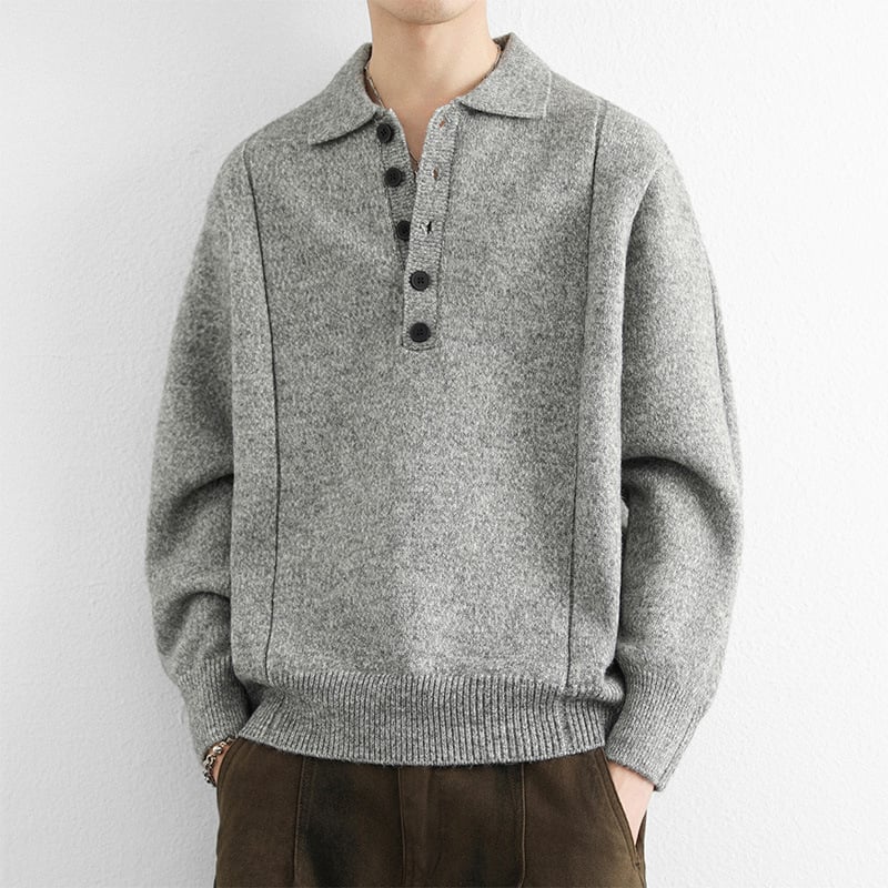 Pulover polo tricotat pentru bărbați, cu nasturi în linie de cinci, guler polo, croială lejeră, acrilic tricot