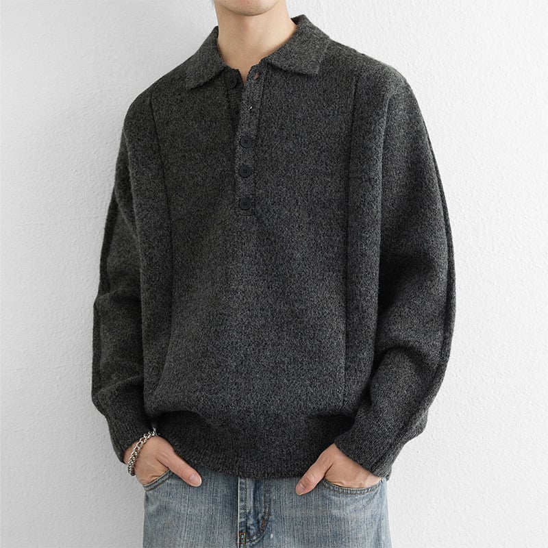 Pulover polo tricotat pentru bărbați, cu nasturi în linie de cinci, guler polo, croială lejeră, acrilic tricot