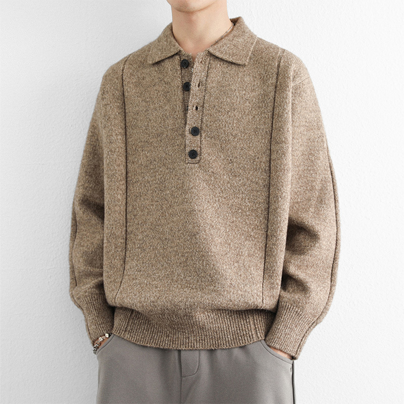 Pulover polo tricotat pentru bărbați, cu nasturi în linie de cinci, guler polo, croială lejeră, acrilic tricot