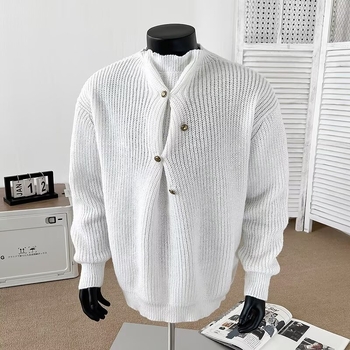 Muški džemper širokog kroja, vintage pleteni, s poluturtleneckom i nepravilnim dizajnom kopči, poliester mješavina