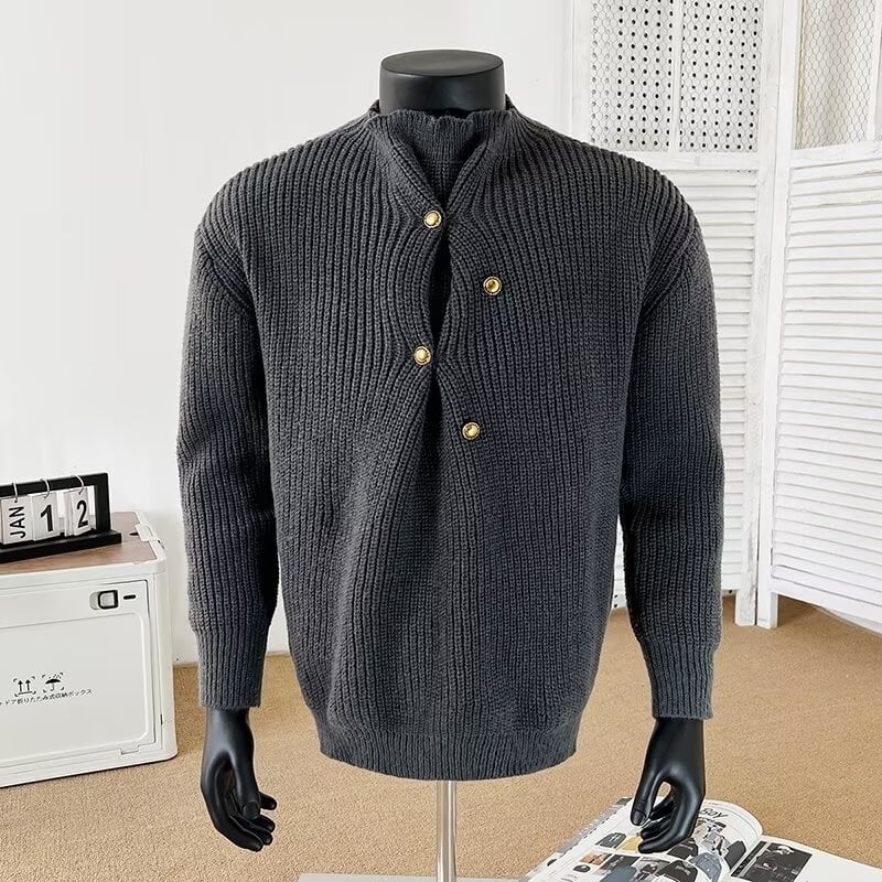 Muški džemper širokog kroja, vintage pleteni, s poluturtleneckom i nepravilnim dizajnom kopči, poliester mješavina