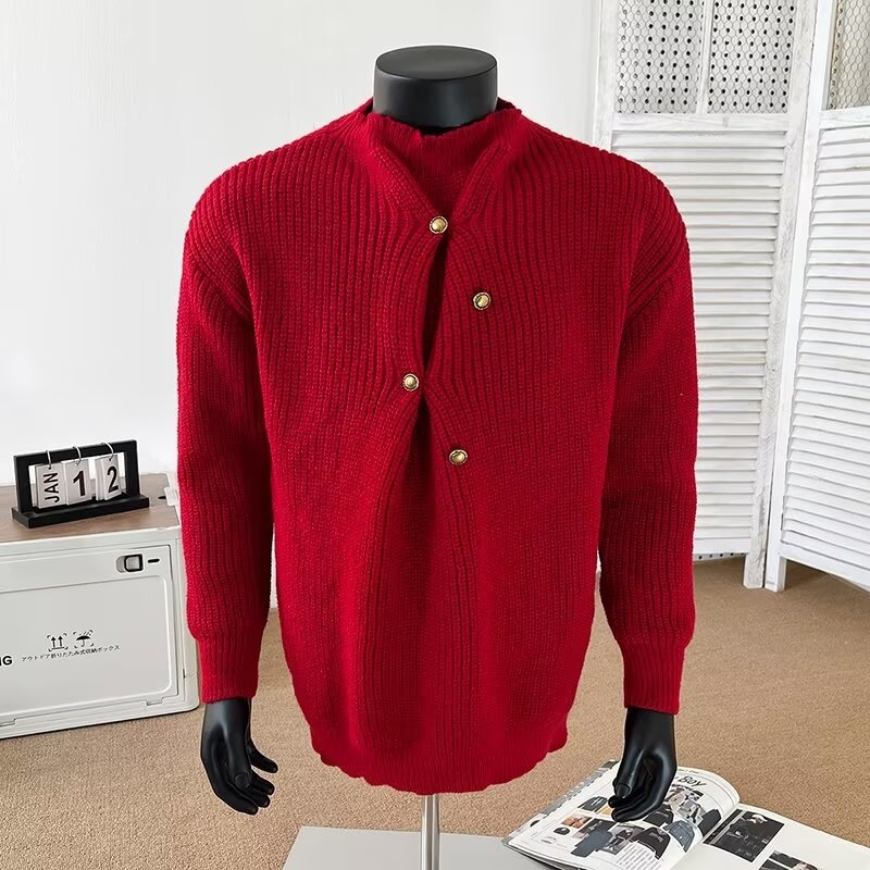 Muški džemper širokog kroja, vintage pleteni, s poluturtleneckom i nepravilnim dizajnom kopči, poliester mješavina